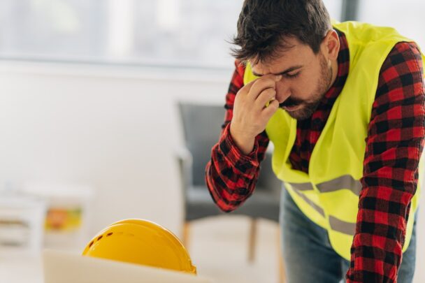 Man met geel hesje maakt een gespannen indruk en kijkt bedrukt.