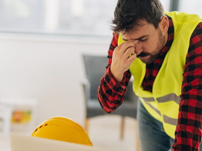 Man met geel hesje maakt een gespannen indruk en kijkt bedrukt.